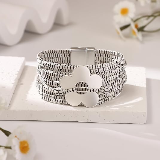 Flower Charm Wrap PU Leather Bracelet for Women Lady Handmade Bohemian Bracelets Jewelry Gifts for Women - Image 3