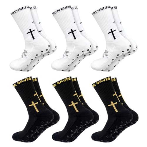 WINNOBEL 6 Pair Cross Grip Socks Anti-Slip Christian Cross Socks with Bible Cross Grip Soccer Socks for Training Religion Gift for Sport