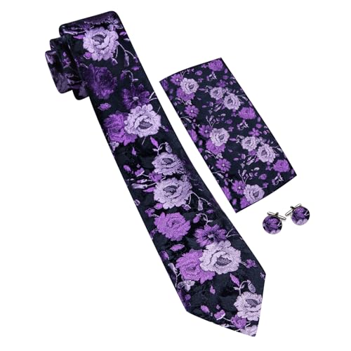 Image of Barry.Wang Flower Ties for Men Handkerchief Cufflinks Set Wedding Necktie Set Party
