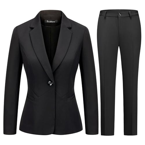 TRONSTORE Women's Business Suits for Work Professional 2 Piece Slim Fit Outfits for Women-Black-L