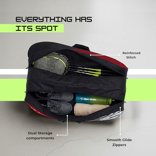 Image of Jager-Smith Polyester ORCA Red & Black Double Zipper Badminton Sports Bag with Shoe Compartment | Front Zip Pocket| Made in India