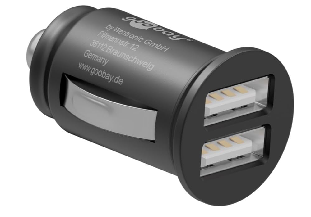 Goobay 58912 Podwójna ładowarka samochodowa USB, 3,1 A, czarna, średnica 25,2 mm, długość 44,4 mm