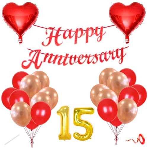 Image of Flyloons 15th Happy Anniversary Decoration Items Red Rose Gold for Men Women Husband Wife Mom Dad Parent Couple Home Bedroom Car With 20 Pcs Metallic Balloons Anniversary Banner 2 Pcs Heart Set Kit