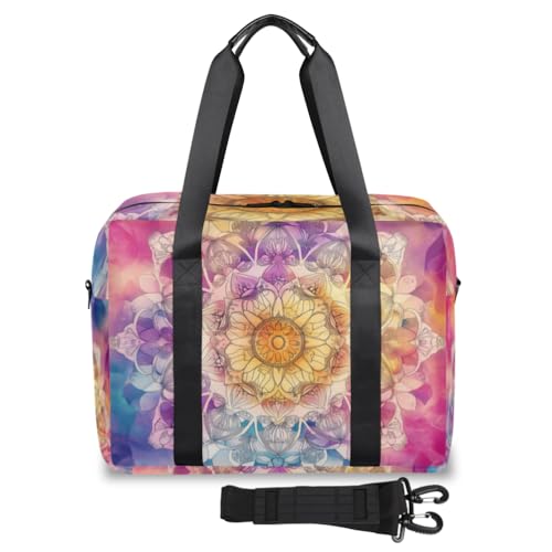 Watercolor Mandala Flower Travel Duffel Bag for Men Women Colorful Boho Sports Gym Bag Waterproof Weekender Overnight Bags Foldable Carry on Backpack for Swim Yoga Fitness Workout