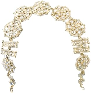 THE OPAL FACTORY TOF Floral Sheeshphool Matha Patti/Maang Tikka/Hair Band/Hair Pin/Hair Accessory in Kundan and White Beadwork with Tikka for Women Girls (TOF Floral White Sheeshphool), Zinc