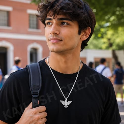 Image of Men's Stainless Steel Pendant Chain | Anti-Tarnish Silver Geometric Pendant Chain with Black Enamel Locket | Premium Stylish Neck Chain for Boys & Men | Durable Daily Wear Jewellery Gift for brother, Boyfriend and Husband