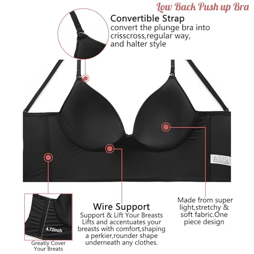 ForBaysy Low Back Bras for Women Push Up Deep V Neck Backless Bra,Low Cut Multiway Convertible Bra Wire Lifting Bralette Black