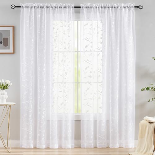 Sheer Curtains Floral Embroidery White 84 Inch Long Rod Pocket