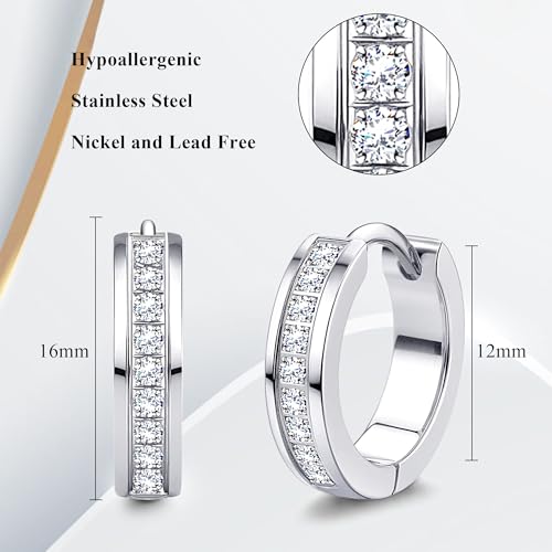 LOLIAS Edelstahl Ohrringe für Damen Zirkonia Creolen Huggie Ohrclips Ohranhänger Silber-Ton 16mm