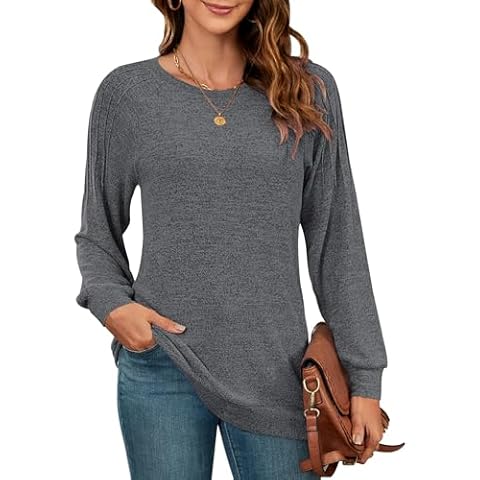 PLOKNRD Sweatshirt Women Crewneck Pleated Long Sleeve Casual Sweaters Pullover Loose Basic Jumpers Cover
