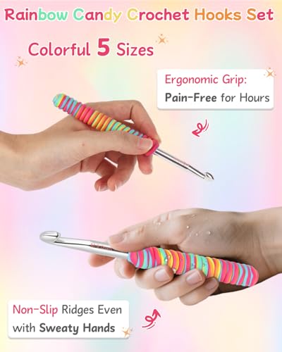 Image of 5 Sizes Crochet Hooks for Beginners 3.5mm(E)-6.0mm(J), Gradient Rainbow Ergonomic Grip for Arthritic, Extra Long Aluminum Crochet Needles, Ideal Crocheting Set Gift