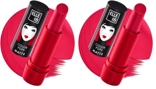 Image of Elle 18 Color Pops Matte Lipstick, Rockstar Red, Moisturising Bullet Matte, with Vitamin E, Highly Pigmented, Infused with Jojoba Oil and Shea Butter | 4.3 g (Pack of 2)