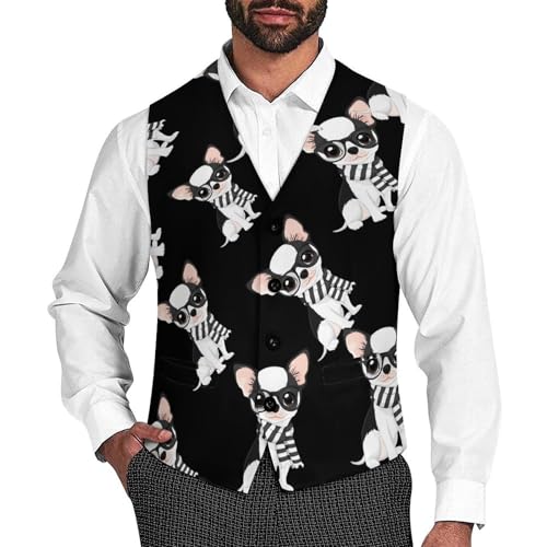 Chihuahua Puppy Glasses Scarf Men's Suit Vests Business Formal Dress Vest V-Neck Waistcoat for Wedding Casual