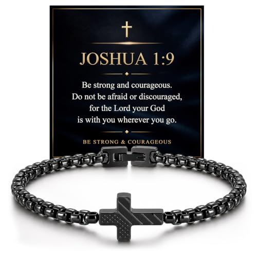 American Flag Cross Bracelet for Men with JOSHUA 1:9 Card, Christian Gift
