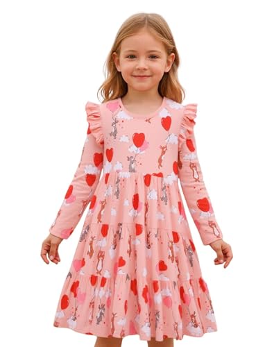 Image of Girl Long Sleeve Dress Ruffle Rainbow Color Block Cotton Casual Tiered Pleated Twirly Dress