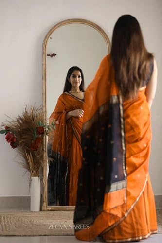 Image of ZECVA Women's Pure Soft Spun Cotton Lichi Silk Saree For Women With Attach Unstitch Blouse Piece