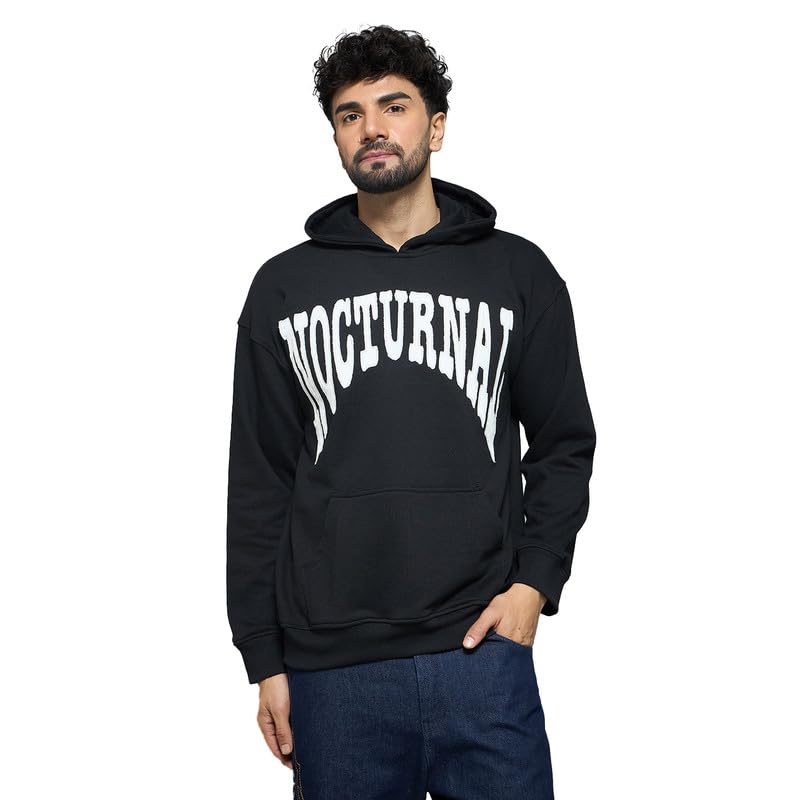 fugazee Black Nocturnal Oversized Hoodie for Men | 400 GSM Cotton Terry Pullover | Hooded Sweatshirt with Drop Shoulder | Embroidered Nocturnal Patches | Ribbed Cuffs & Hem-picture-11