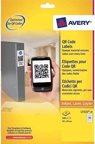 Avery L7121-25 QR Code Labels (A4 Sheets of 45 x 45 mm, 20 Labels per Sheet, 25 Sheets) - White