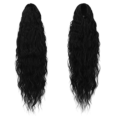 FESHFEN Long Curly Wavy Drawstring Ponytail Extensions Clip in Wavy Synthetic Hairpieces Black Drawstring Ponytail Curly Hair Piece Pony Tail Extension for Women 26 inch - Image 2