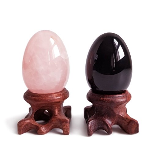 Quartz rose authentique œuf de méditation et sphère obsidienne avec support