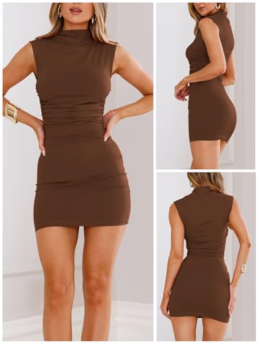 Image of MIYIEONZ Women's Sexy Summer Casual Mock Neck Sleeveless Bodycon Dresses Ruched Turtleneck Cocktail Party Mini Dress