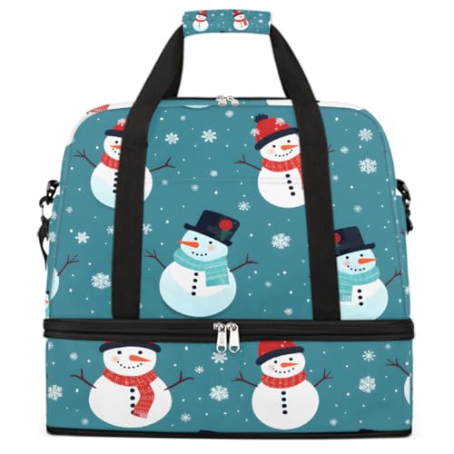 Foldable Carry On Bag for Travel, Expandable Duffle Bag with Shoe Compartment, Cute Snowman Pattern Lightweight Sports Gym Tote with Trolley Sleeve