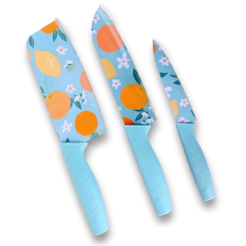 Image of Professional 3-Piece Kitchen Knife Set - High Carbon Stainless Steel Chef, Utility & Santoku Knives with Ergonomic Blue Handles (Blue, 3 Pc Knife Set)