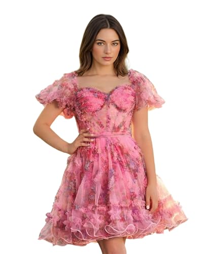 ISABUFEI Homecoming Dress – 2-Way Puff Sleeves A-Line Floral Tulle Corset Short Prom Gowns Pink US10