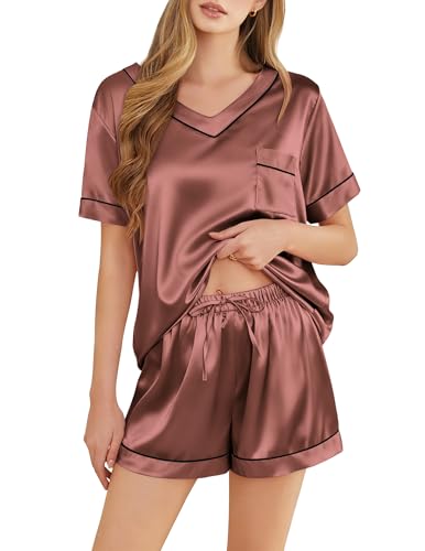 Image of Silk Pajamas for Women Short Sleeve Satin 2 Piece Pj Set Soft V Neck Sleepwear Loungewear, S-XXL