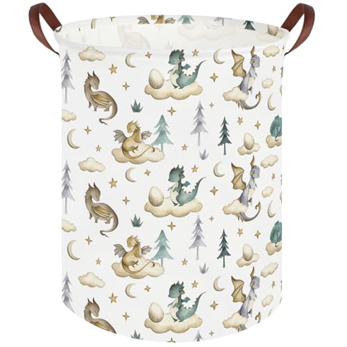 Image of FXOCSHE Dinosaur hamper,Dinosaur Collapsible Kid Room Basket,Cloud moon star dragon egg laundry hamper for kids,Nursery hamper,party gift basket,Shelf Book Basket(Cute dinosaurs)