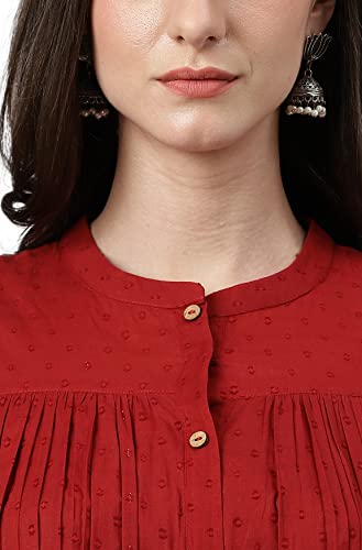 Image of Janasya Women's Maroon Dobby Cotton Solid Gathered Tunic