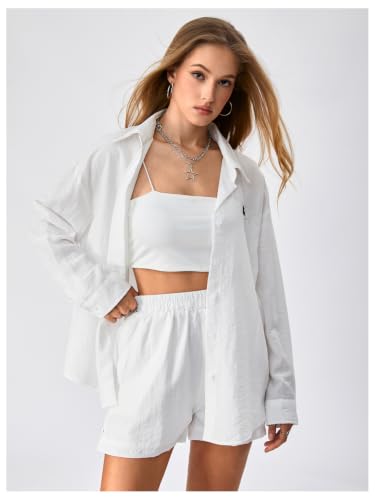 Image of SweatyRocks Women's 2 Piece Outfits Button Down Shirts Lounge Linen Sets and Mini Shorts Pajama Gauze Set Beachwear