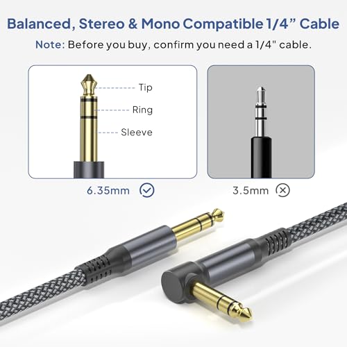 Elebase 1/4 Inch TRS Instrument Cable 1M 2-Pack,Right-Angled to Straight 6.35mm Male Jack Stereo Audio Cord,6.35 Balanced Interconnect Line for Electric Guitar,Bass,Keyboard,Mixer,Amplifier,Speaker