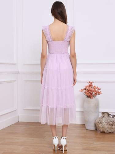 Image of Allegra K Women's Summer Midi Tulle Dress Sleeveless Smocked Square Neck Tiered Ruffled Wedding Guest Dress