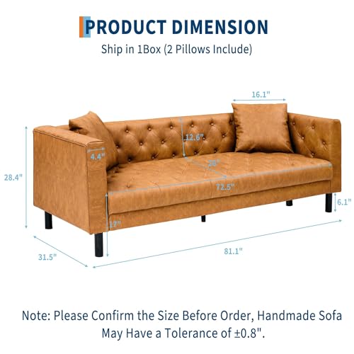 IDEALHOUSE 81" Leather Sofa, Button-Tufted 3 Seater Sofa, Mid-Century Modern Leather Couch with Deep Seat, Chesterfield Sofa for Living Room, Apartment, Office, Cognac Tan - Image 3