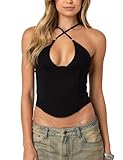 ICOBID Women Corset Criss Cross Backless Crop Top Adjustable Straps Beaded Back Zip Off Shoulder Sleeveless Basic Cami Tops