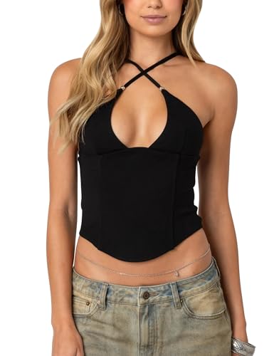 Women Corset Criss Cross Backless Crop Top Adjustable Straps Beaded Back Zip Off Shoulder Sleeveless Basic Cami Tops