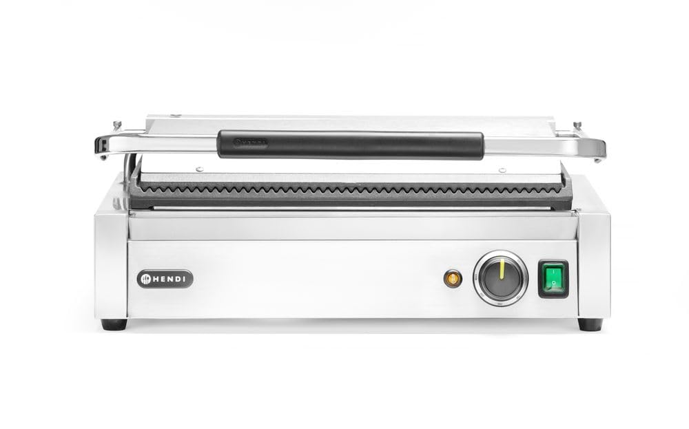 HENDI Parrilla Eléctrica de Contacto XL, Grill/Plancha Panini y Sandwichera Profesional, Placas Acanaladas de Hierro Fundido Esmaltado, 230V, 2700W, 540x424x(H)216mm, Acero Inoxidable