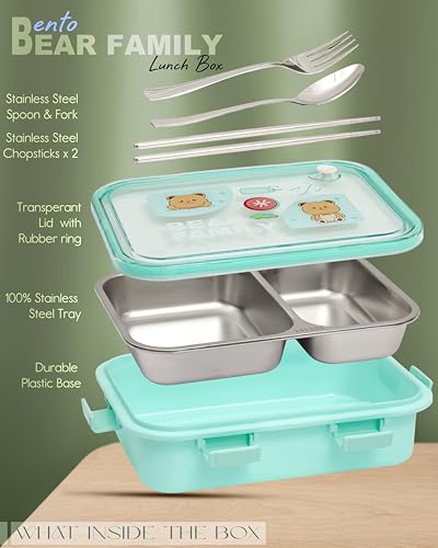 Image of Brand Conquer Lunch Box Leak-Proof BPA Free Stainless Steel for School, Lunch Box for School & Office with a Fork, a Spoon and a Pair of Chopsticks (Green, Bear Family 2 Compartment)