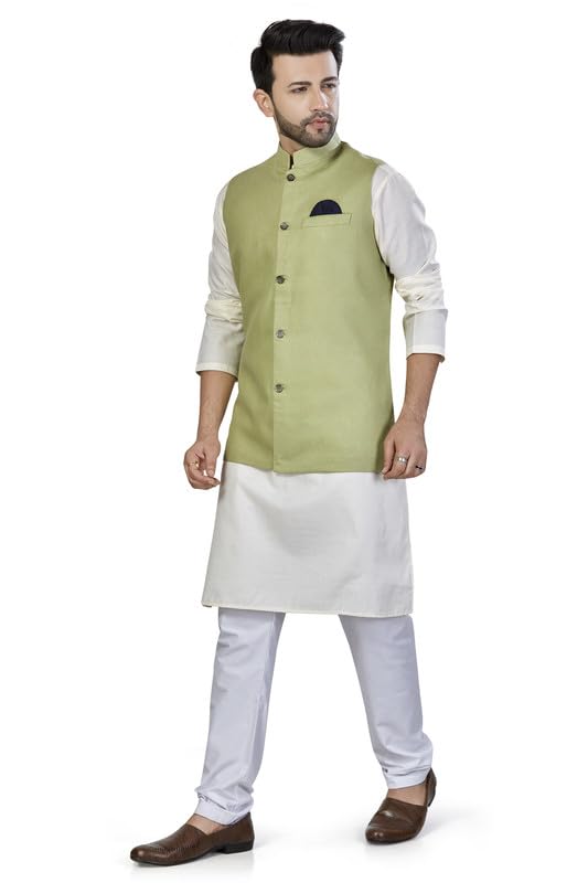 Be Active Men's Solid Linen Blend Kurta Pyjama 3 Piece Set || Men Kurta Pajama With Modi Jacket || Kurta Pajama Nehru Jacket For Men (N-Rfset0014-1-S)