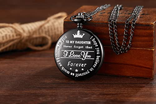 Gorben Black Engraved Pocket Watches To My Daughter Quartz Watches Fob Clip Chains Birthday Gifts For Kids #TOP2