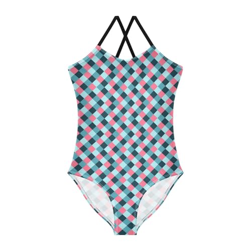Image of Black and White Chess Girls One Piece Swimsuits Board Marble Tile Sport Halter Swimwear Beach Bathing Suit 3T
