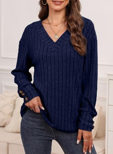 Image of Dokotoo Womens Tops V Neck Lightweight Sweater Fall Long Sleeve Top 2026 | Decorative Buttons, Soft Breathable Knit Material, Pullover Tunic Tops, Business Casual, Fall Outfits, Winter Clothing 2026