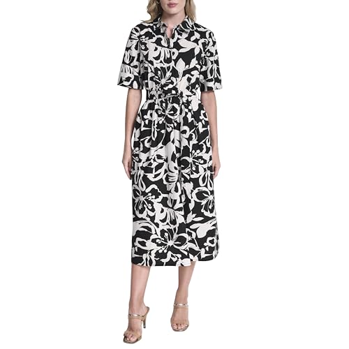 Image of DKNY Women's Short Sleeve Cotton Poplin Collared Midi Shirtdress