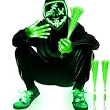 AMENON 4 Set Halloween Light Up Mask and Gloves Set with LED Shoelaces & Fiber Optic Wands, Halloween Costumes Accessories for Adults Cosplay Party (Green)