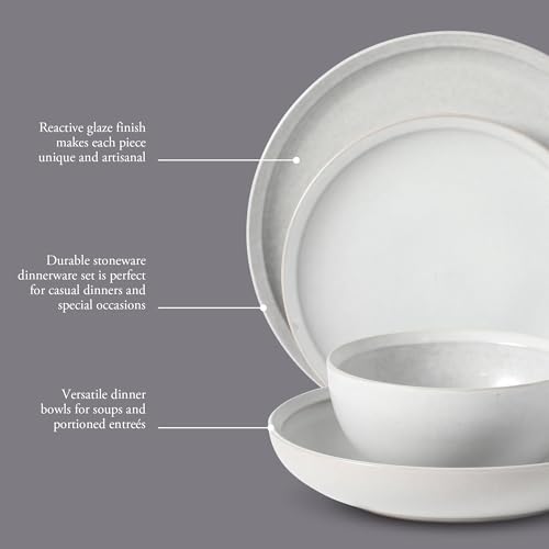 Image of Gibson Elite Beckett Stoneware Matte Reactive Glaze 16 Piece (Service for 4) Plates and Bowls Dinnerware Set - Linen White