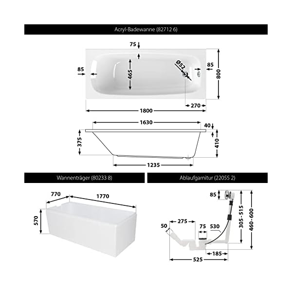 'aquaSu® Badewanne Komplettset 180x80 cm Klassik | 3in1 Acryl-Badewanne mit Wannenträger & Ablaufgarnitur | Rechteck-Badewanne | 205 l | Körperform-Wanne | Schall- & wärmedämmend | weiß | 83041 6 – Bild 6