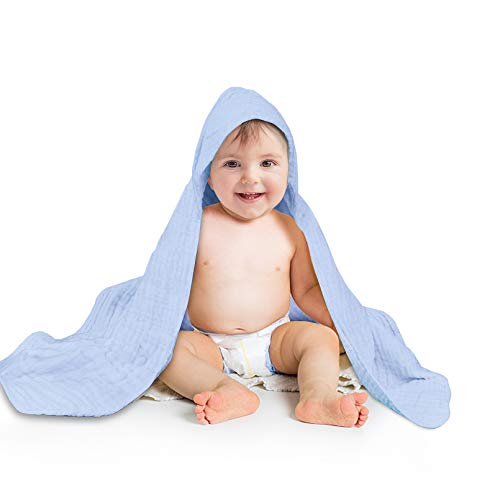 Baby Hooded Bath Towel 32x32in Large Bath Towel 100% Muslin Cotton 6 Layer for Boy Girls Soft & Absorbent by Yoofoss (Blue)