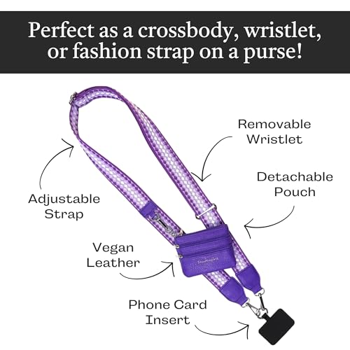 Image of Save the Girls Original Clip and Go Phone Strap Pattern (Fun Dots - Dark Purple /Light Purple) - Crossbody Phone Strap Chain with Zipper Wallet Pouch - Phone Lanyard Zippered