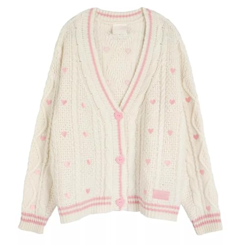 Women Knit Lover Cardigan V Neck Knitted Sweatshirt Hearts Embroidery Cute Sweaters Pink Oversized Button Down Outwear Lvory3